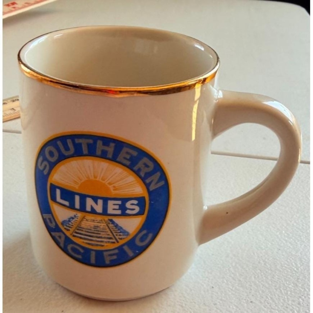 Southern Pacific Lines Railroad Mug Gold Rim Vintage Train Logo Coffee Cup